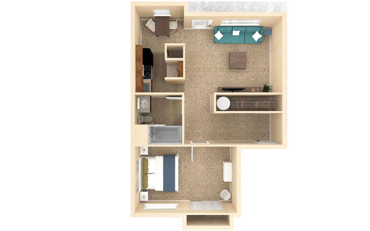 Floor plan for 1 bed, 1 bath, 640 sqft
